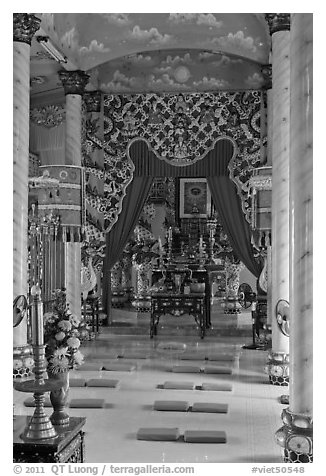 Main ceremonial room and altar Saigon Caodai temple, district 5. Ho Chi Minh City, Vietnam (black and white)