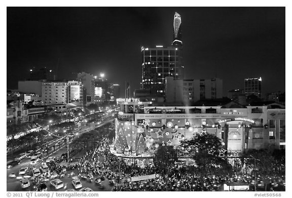 Cityscape with dense rush hour traffic at the intersection of two main boulevards. Ho Chi Minh City, Vietnam