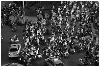 Traffic from above, intersection of Nguyen Hue and Le Loi. Ho Chi Minh City, Vietnam (black and white)