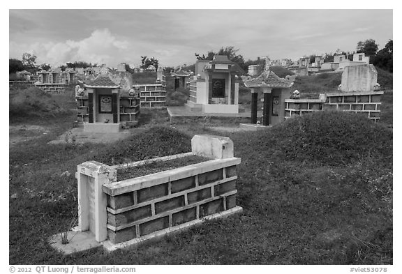 Cemetery with tombs and tumuli. Mui Ne, Vietnam (black and white)
