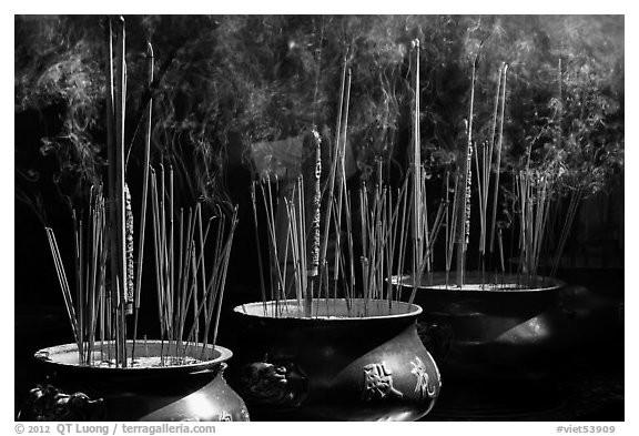 Urns with burning incense sticks, Thien Hau Pagoda, district 5. Cholon, District 5, Ho Chi Minh City, Vietnam (black and white)