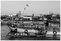 Woman steering boat with pineapple fruit, Cai Rang floating market. Can Tho, Vietnam (black and white)