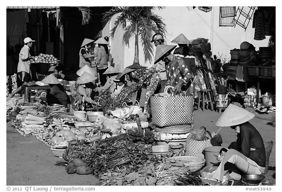 Vegetables for sale at market, Cai Rang. Can Tho, Vietnam (black and white)