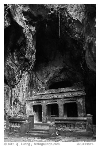 Shrine in Buddhist grotto, Thuy Son. Da Nang, Vietnam (black and white)