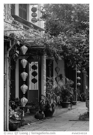 Sidewalk and houses with paper lanterns and lush vegetation. Hoi An, Vietnam (black and white)