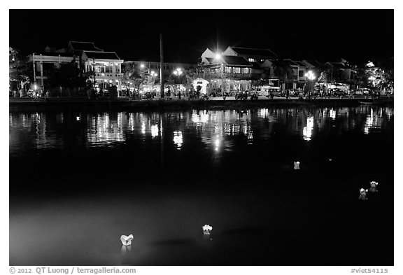 Thu Bon River with floatting candles. Hoi An, Vietnam (black and white)
