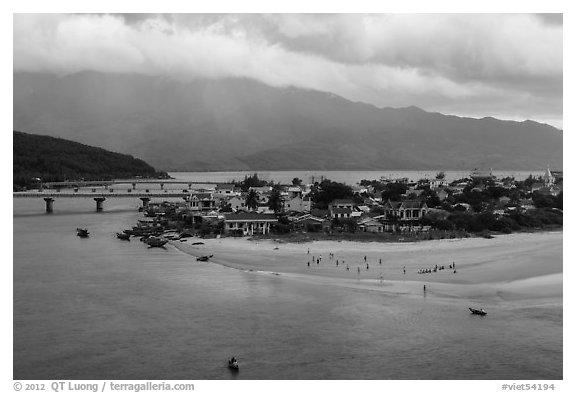 View of village and beach. Vietnam (black and white)