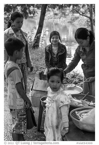 Canal side donut stand, Thanh Toan. Hue, Vietnam (black and white)