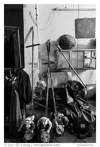 Objects used for water puppetry, Thang Long Theatre. Hanoi, Vietnam (black and white)