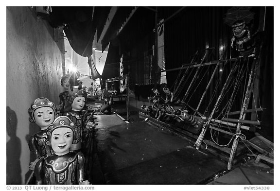 Water puppet theater backstage, Thang Long Theatre. Hanoi, Vietnam (black and white)