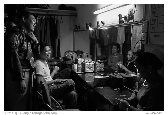 Artists backstage before water puppet performance, Thang Long Theatre. Hanoi, Vietnam (black and white)