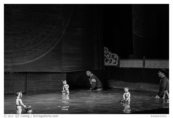 Water puppets and puppeters, Thang Long Theatre. Hanoi, Vietnam (black and white)