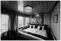 Indochina Sails stateroom and view. Halong Bay, Vietnam (black and white)