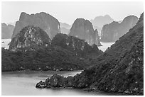 Monolithic karstic islands from above. Halong Bay, Vietnam (black and white)