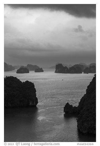 Seascape with limestone islets from above, evening. Halong Bay, Vietnam (black and white)