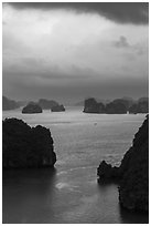Seascape with limestone islets from above, evening. Halong Bay, Vietnam (black and white)