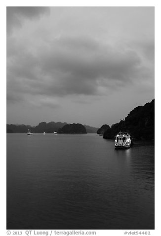 Tour boats lights at dawn. Halong Bay, Vietnam (black and white)