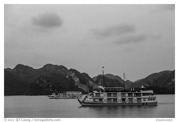 Two tour boats at dawn. Halong Bay, Vietnam (black and white)