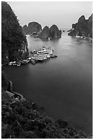 View over bay and boats from Surprise Cave exit. Halong Bay, Vietnam ( black and white)