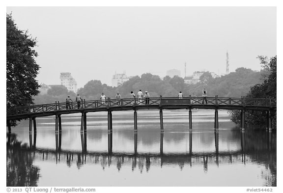 The Huc Bridge in early morning, Hoang Kiem Lake. Hanoi, Vietnam (black and white)
