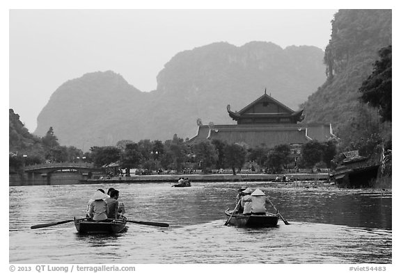Boats near hall, Trang An. Ninh Binh,  Vietnam (black and white)