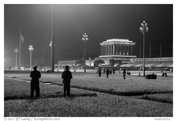 Ba Dinh Square and Ho Chi Minh Mausoleum at night. Hanoi, Vietnam (black and white)