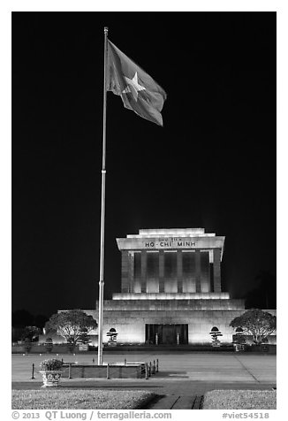 Vietnamese flag flying in front of Ho Chi Minh Mausoleum. Hanoi, Vietnam (black and white)