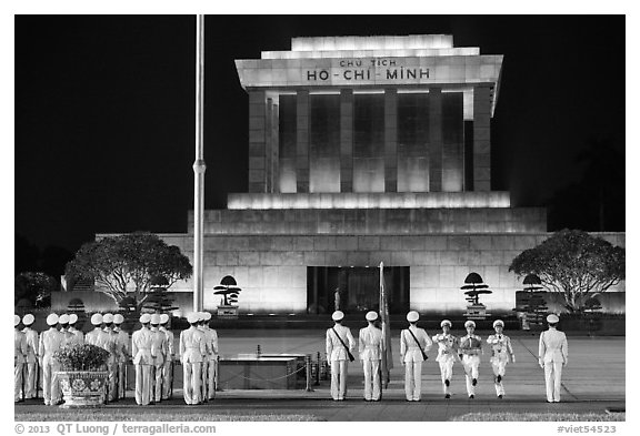 Flag folding ceremony, Ho Chi Minh Mausoleum. Hanoi, Vietnam (black and white)