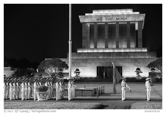 White uniformed guards in front of Ho Chi Minh Mausoleum. Hanoi, Vietnam (black and white)