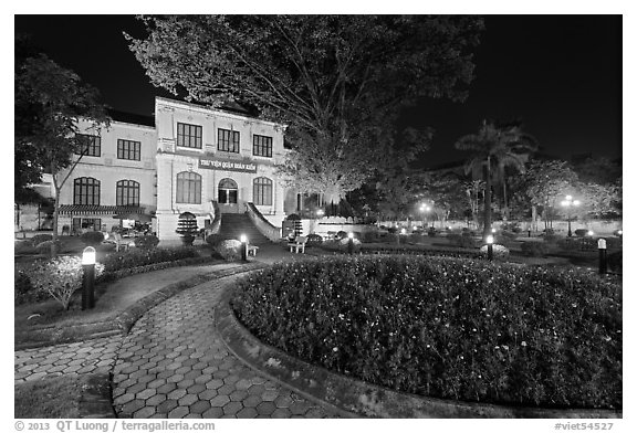 Public garden and French-area building at night. Hanoi, Vietnam (black and white)
