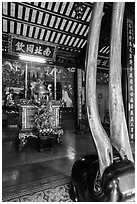 Horns and altar, Le Van Duyet temple, Binh Thanh district. Ho Chi Minh City, Vietnam (black and white)