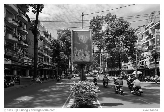 Leafy boulevard, district 5. Ho Chi Minh City, Vietnam (black and white)
