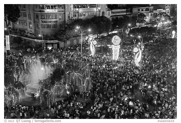 Holiday crowds from above. Ho Chi Minh City, Vietnam (black and white)