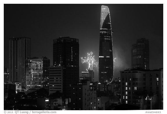 New Year fireworks. Ho Chi Minh City, Vietnam (black and white)