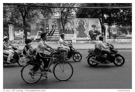 Bicycle and motorbikes. Ho Chi Minh City, Vietnam (black and white)