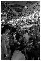 Stalls inside Ben Thanh market. Ho Chi Minh City, Vietnam (black and white)