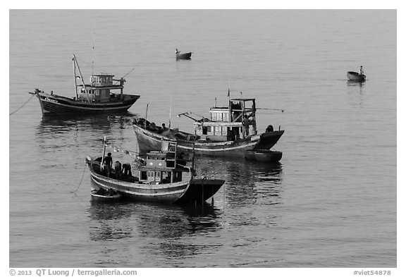 Fishing boats, early morning. Mui Ne, Vietnam (black and white)