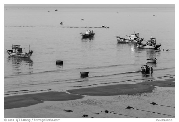 Coracle boats, fishing boats from above. Mui Ne, Vietnam (black and white)