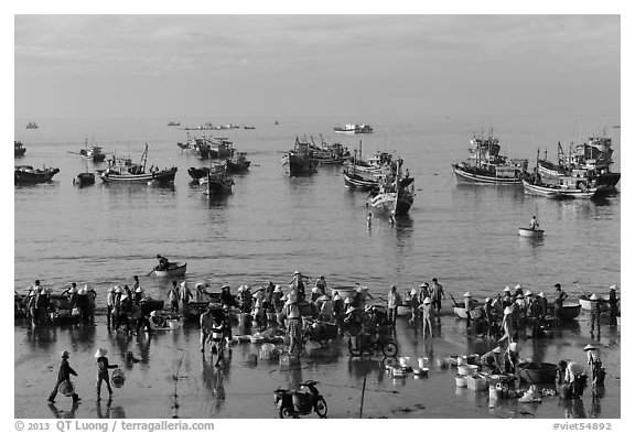 View from above of fishermen, vendors, and fishing fleet. Mui Ne, Vietnam (black and white)