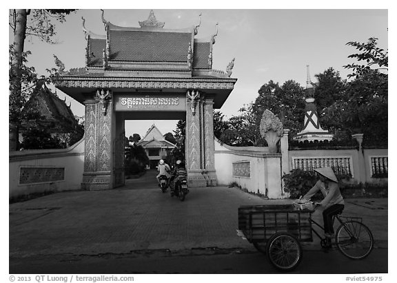 Khmer-style Ong Met Pagoda seen from street. Tra Vinh, Vietnam (black and white)