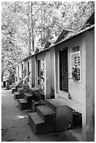Row of retreat huts, Hang Pagoda. Tra Vinh, Vietnam (black and white)
