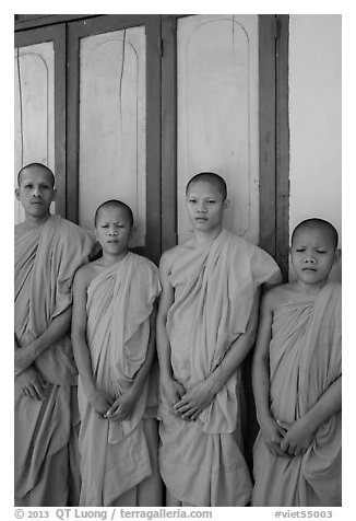 Novice monks, Hang Pagoda. Tra Vinh, Vietnam (black and white)