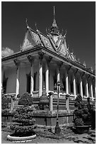Pagoda in Khmer style. Tra Vinh, Vietnam (black and white)