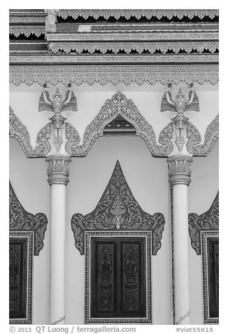 Facade and roof detail, Khmer pagoda. Tra Vinh, Vietnam (black and white)
