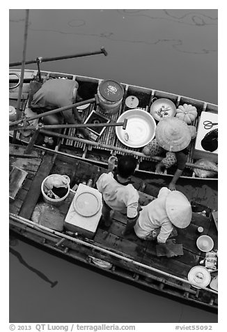 Couples on two side-by-side boats seen from above. Can Tho, Vietnam