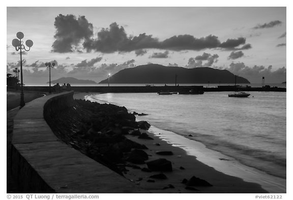 Seafront and Wharf 914 before sunrise, Con Son. Con Dao Islands, Vietnam (black and white)