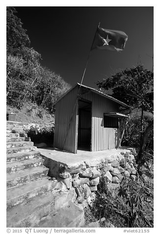 Entrance booth with Vietnam flag, Bay Canh Island, Con Dao National Park. Con Dao Islands, Vietnam (black and white)