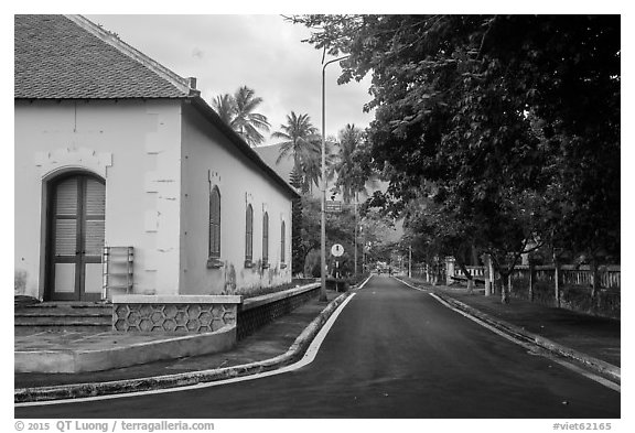 Old custom house and street, Con Son. Con Dao Islands, Vietnam (black and white)