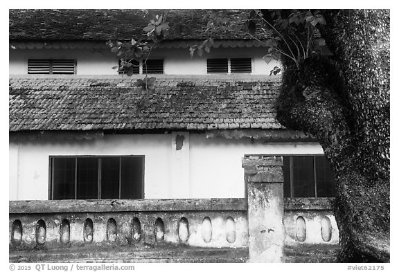 Close-up of historic building, Con Son. Con Dao Islands, Vietnam (black and white)