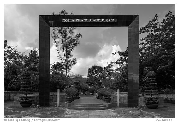 Monumental gate to Hang Duong Cemetery. Con Dao Islands, Vietnam (black and white)